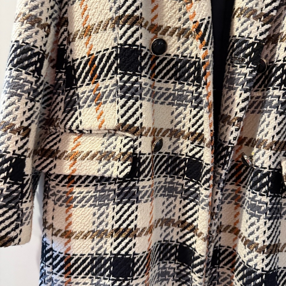 River Island Black and Cream Plaid Fall Trench Coat - Picture 3 of 6